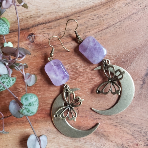 Amethyst Crystal + Rustic Crescent Moon + Butterfly Handmade Healing Earrings - Picture 1 of 5